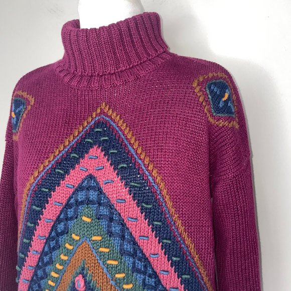 Vintage Pasta Ramie Cotton Aztec Knit Sweater Multicolor Size M Chunky 3D - Picture 7 of 16